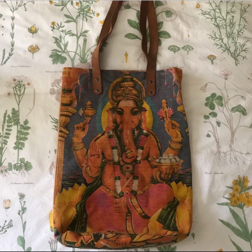 Elephant Motif Canvas Tote Bag in Orange and Brown